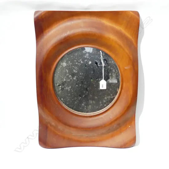 ROUND MIRROR w TURNED KAURI WOOD FRAME H.540 x 400mm 