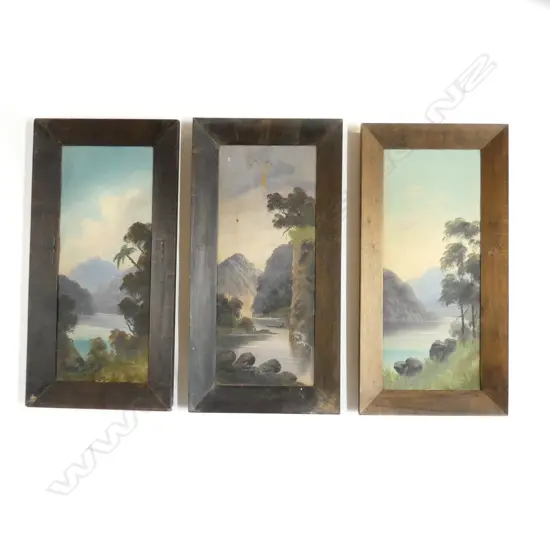 3 X F. MAXWELL COLONIAL  OILS LAKE /RIVER SCENES 600 x 240mm