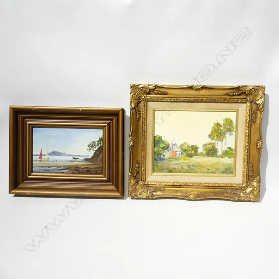 2 FRAMED OIL ON BOARD, SCENES, 1 GILT FRAME  (215 X 135MM & 190 X 240MM)