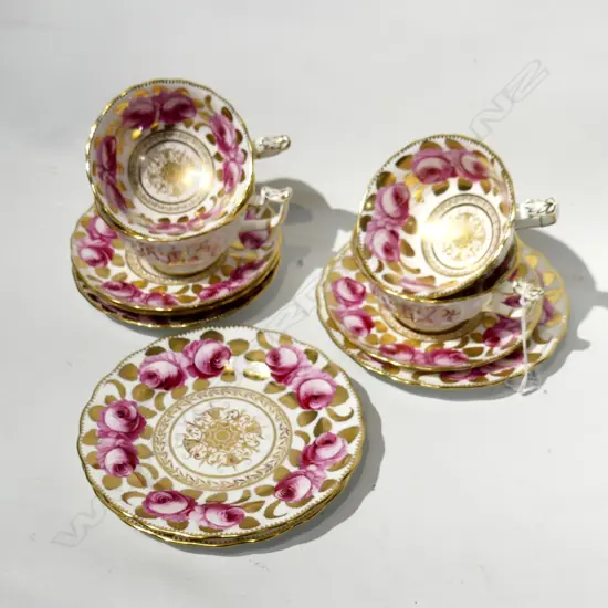 4 ANTIQUE HAND PAINTED ROSES & GILT CUPS & SAUCERS + 3 PLATES