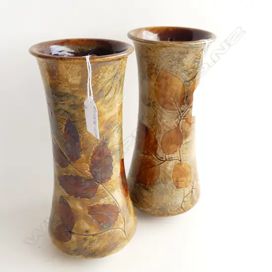 2 R/DOULTON STONEWARE LEAF DECORATED VASES