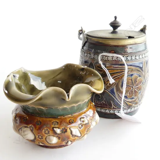 TWO ROYAL DOULTON LAMBETH ITEMS. SMALL SUGAR BOWL AS BARREL DATED 1881. H. 100mm & VASE WITH SCALLOPED OPENING AND SLIGH