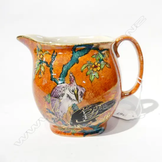 DECO PERIOD ORANGE LUSTRE VASE WITH EXOTIC BIRD DECORATION, STAMPED 'JAVA'