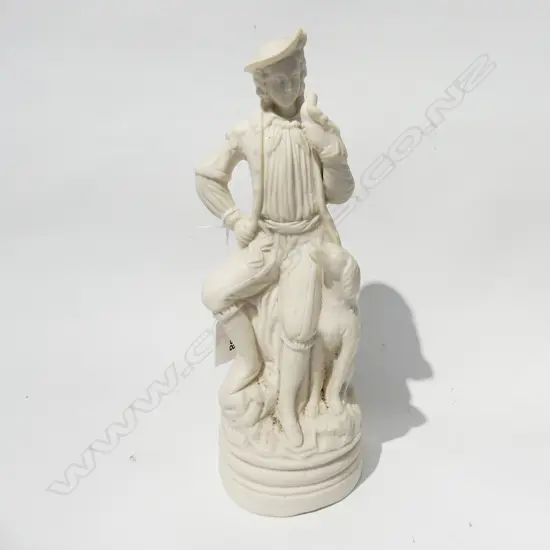 ANTIQUE BISQUE FIGURINE - MAN WITH BIRD & HUNTING DOG, STAMPED JW381. H. 250MM