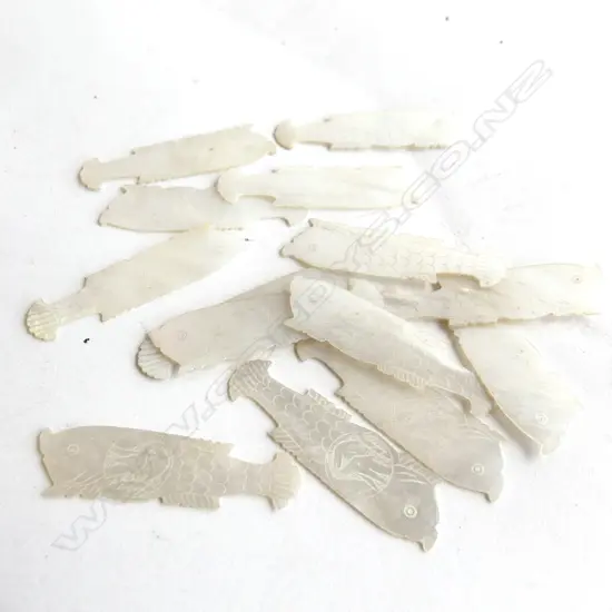 14 VICTORIAN MOTHER OF PEARL FISH GAMING TOKENS, INTRICATELY CARVED & ENGRAVED, L. 45MM