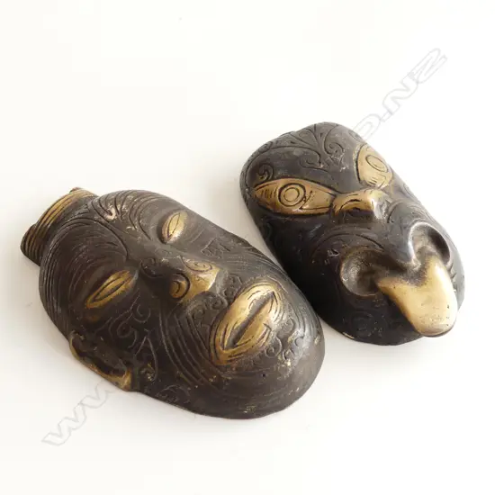 2 BRONZE MAORI WALL MASKS, TIKI & ONE OTHER H. 115, 100MM