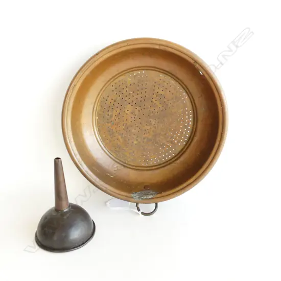 ANTIQUE COPPER COLANDER & FUNNEL DIA 240MM
