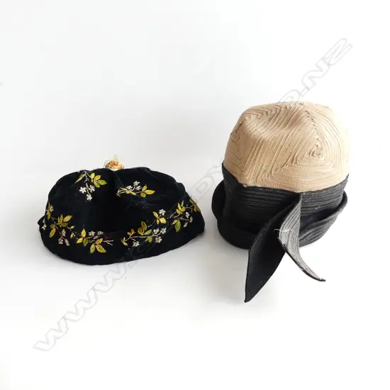 OLD DARK VELVET SILK EMBROIERED CAP & 1940's ?HAT
