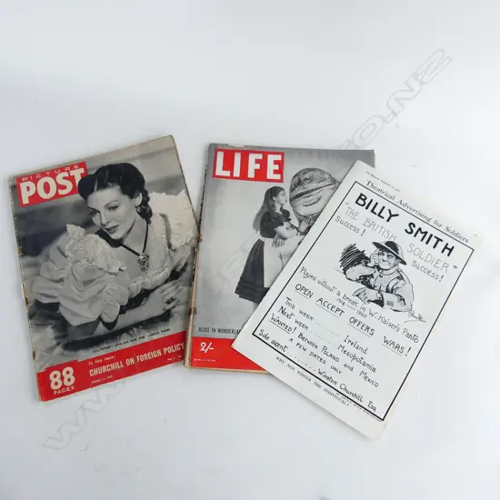 POSTER FROM “The Bystander” Billy Smith “The British Soldier” AND 2 'LIFE' MAGS 1947 & 1939