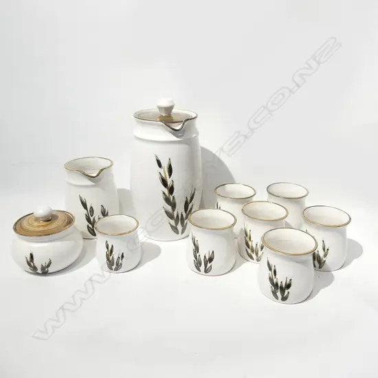 NZ POTTERY, 10 PC COFFEE SET; LG COFFEE POT, 6 MUGS, UTENSIL HOLDER, LG MILK JUG & LIDDED SUGAR BOWL