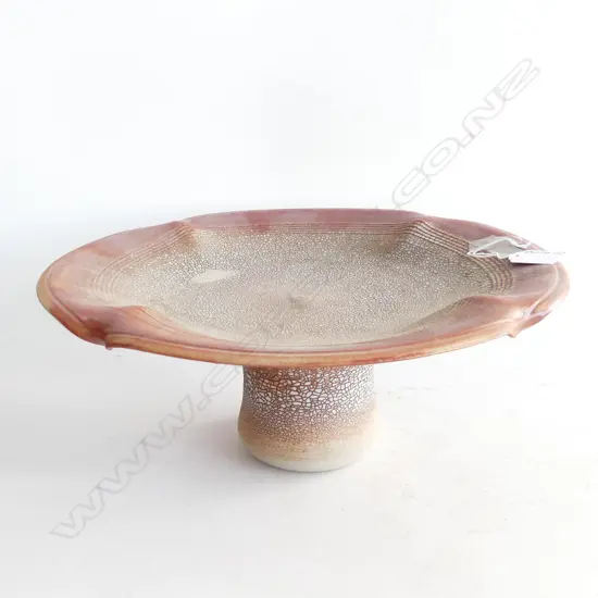 LGE SHINO STUDIO POTTERY PLATTER ON PEDESTAL. H.130MM DIA.330MM. Minor fritting to rim. Ex. Gill Mandeno estate