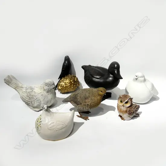 TRAY 7 ASST BIRDS, METAL, CERAMIC, POTTERY, RESIN, CONCRETE; DOVES, DUCK, QUAIL ETC..