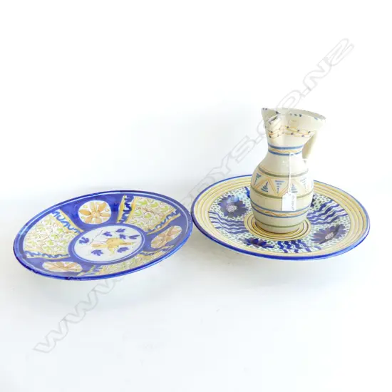 2 OLD EYROPEAN TIN GLAZE LGE PLATES Dia.335mm + JUG H.225mm