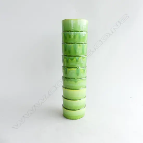 TALL PETER COLLIS LIME GREEN GLAZED CYLINDRICAL VASE H. 378MM SIGNED AT BASE