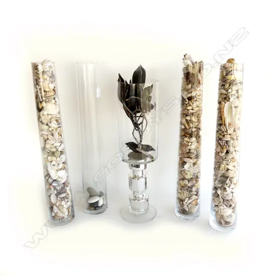 5 LG GLASS VASES; 4 FILLED w. SHELLS H.600mm + HURRICANE LAMP H.540mm