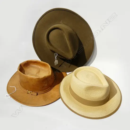3 MENS HATS, 1 US MADE STETSON, 1 ENG LEATHER, 1 STRAW