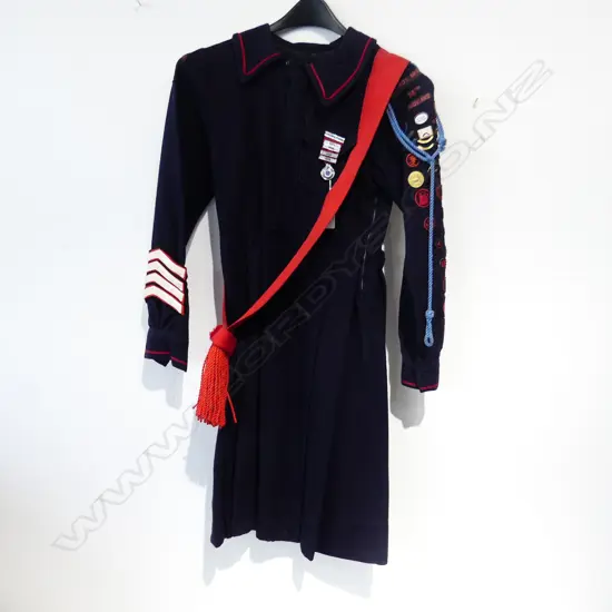 ORIG 1950s GIRL'S LIFE BRIGADE DRESS, W ORIG BADGES & SASH, SIZE: SM