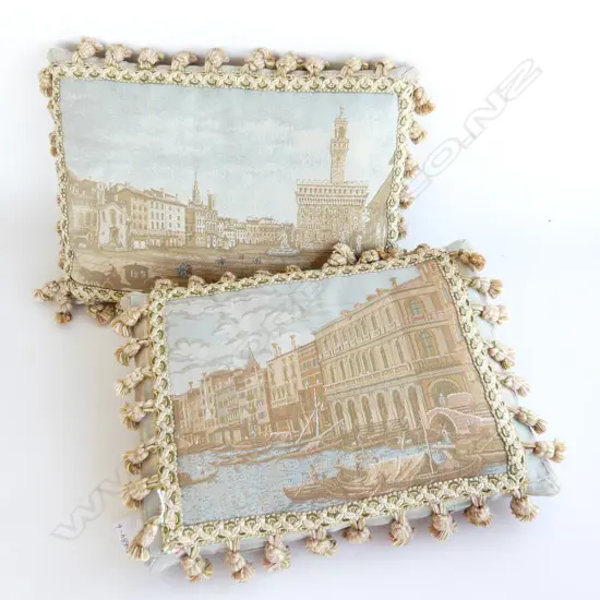 PR SILK CUSHIONS - VENETIAN SCENE MACHINE MADE TAPESTRY & ELABORATE FRINGING