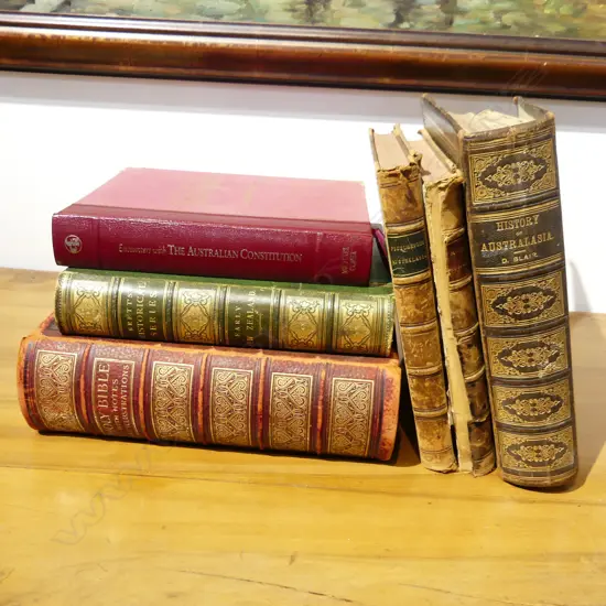 6 ANTIQUE BOOKS; BIBLE c.1900, BRETTS HISTORICAL SERIES EARLY NZ 1890, 4 AUSTRALIAN INTEREST; LAW, HISTORY