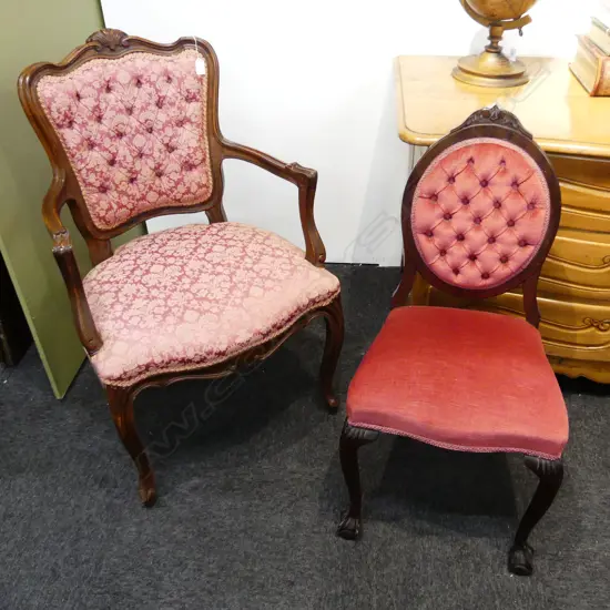 2 PINK UPHOLSTERED CHAIRS; FRENCH BERGERE & QUEEN ANNE STYLE BEDROOM CHAIR