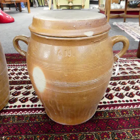 LG SALT GLAZED DOUBLED HANDLED CROCK H.380mm AF CRACKED