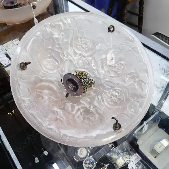 VINTAGE DECO JOBLING PLAFONNIER - PALE PINK GLASS LIGHT FITTING; ROSES DESIGN 350mm dia w. HOOK