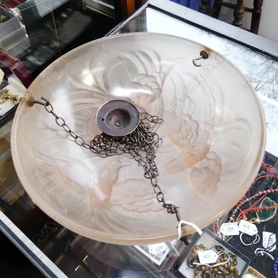 VINTAGE DECO JOBLING PLAFONNIER - PALE PINK GLASS LIGHT FITTING; 3 BIRD DESIGN 345mm dia w. CHAINS & HOOK