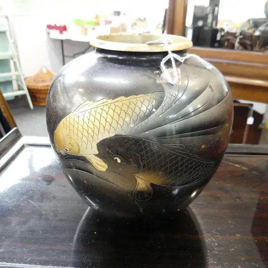 JAPANESE BRONZE VASE W 2 engraved carp on dark ground H.180mm