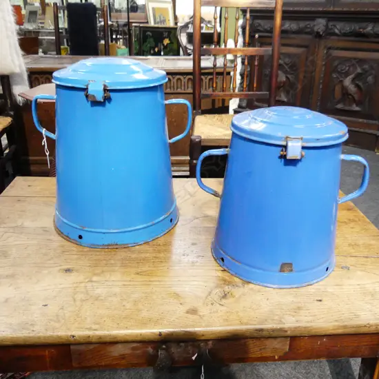 2 LG BLUE ENAMEL  2 HANDLED LIDDED POTS....STEAM HOLES ON LID H. 300MM