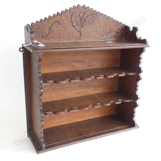ARTS & CRAFTS HANDCARVED DECORATIVE WALL SHELF OAK ON 3 LEVELS CARVED DETAIL TO THE TOP H. 520 x 440mm