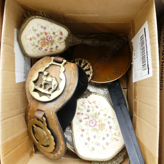 BOX MISC INCL VINTAGE DRESSING TABLE SET WITH TRAY, LG SLOTTED SPOONS ETC..