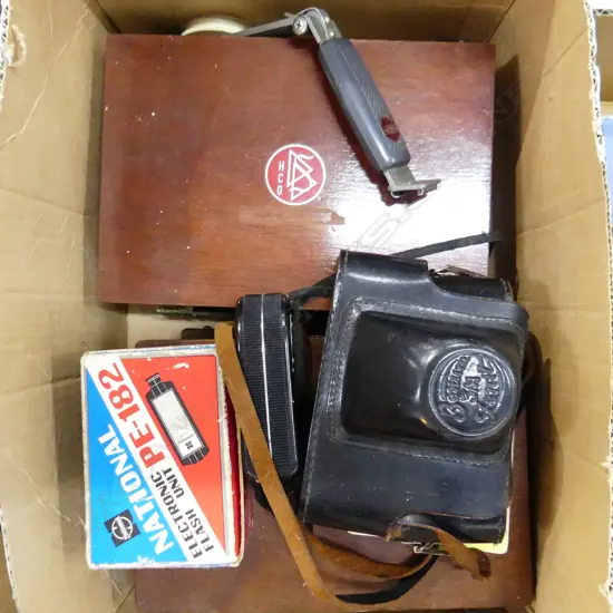 BOX MISC INCL OLD CAMERA & ELECTRONIC EQUIPMENT ETC..