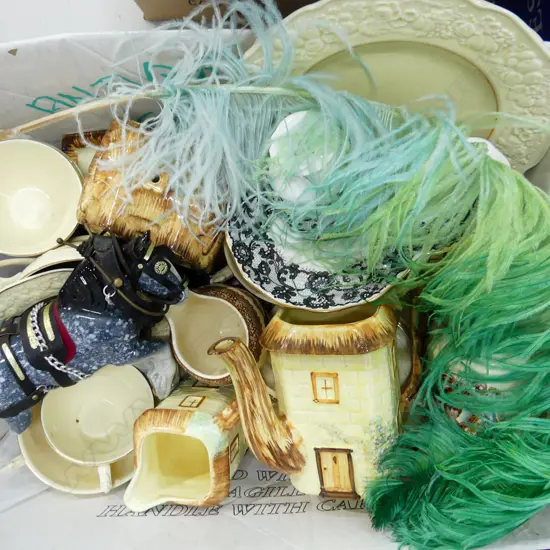 BOX LOT ASST. CHINA INCL. 4 PCE COTTAGE TEA SET & ROYAL ALBERT SENORITA TENNIS SET (CUP w. CHIP TO BASE)