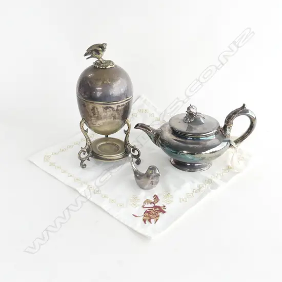 BASKET VINTAGE SILVER PLATE  INCL. TEAPOT (ORIGINAL GIFT TAG ATTACH.) BIRD ETC..