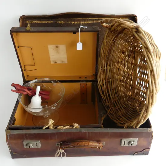 LEATHER SUITCASE + OLD CASE + CRYSTAL BOWL + BASKET ETC