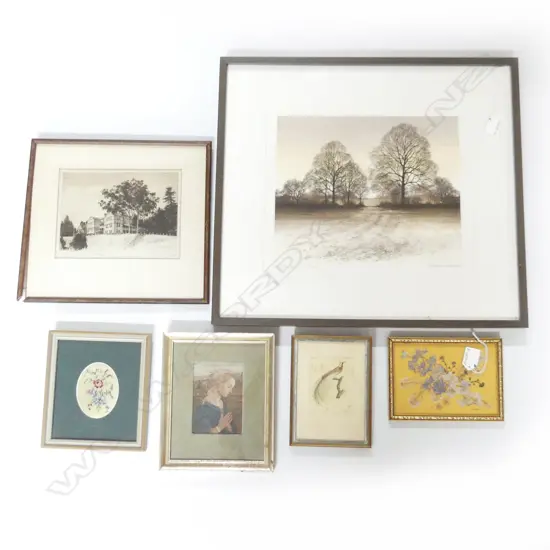 6 FRAMED ART WORKS: 2 ETCHINGS M.MATTHEWS PRINCE ALBERT COLLEGE + embroidery + dried flowers + Madonna