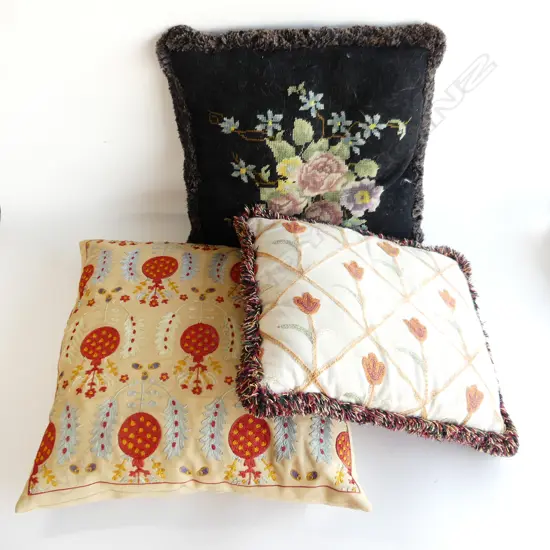 3 VINTAGE CUSHIONS; ONE HANDMADE TAPESTRY, 2 EMBROIDERED