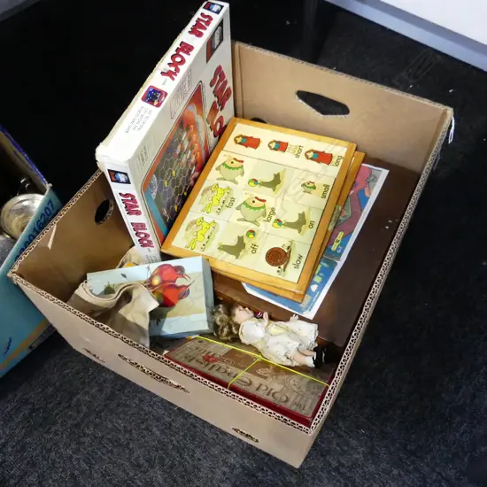 ASST. VINTAGE TOYS & PUZZLES; DOLL, TIKI, OLD MONEY BAG w. COINS