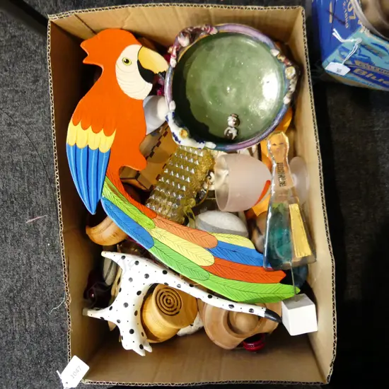 BOX LOT TURNED WOODEN CONTAINERS, CERAMICS, ETC