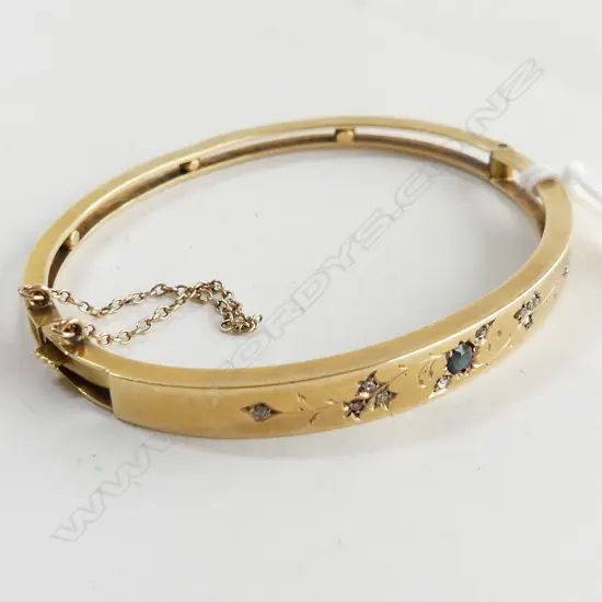 15CT GOLD VICTORIAN BANGLE WITH SHAPPIRE AND ROSE CUT DIAMOND 11.6 GRAMS