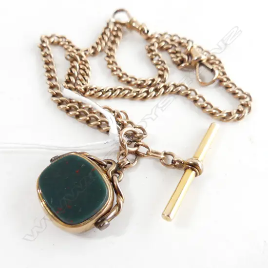 9CT FOB CHAIN w. CARNELIAN / BLOODSTONE SPINNER 25.7 GRAMS