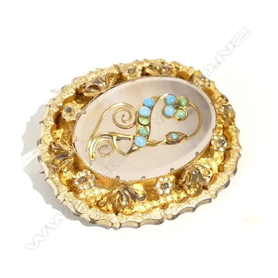 SILVER GILT? AGATE & TURQUOISE BROOCH 50x40mm