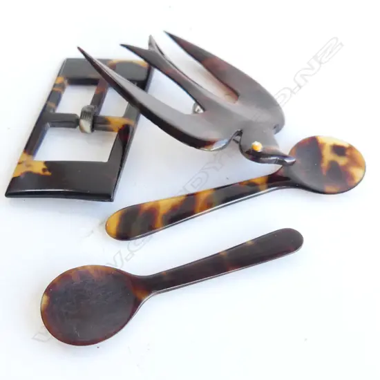 TORTOISE SHELL; SWALLOW BROOCH, BELT BUCKLE & 2 SM SPOONS