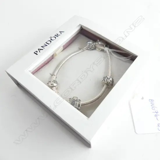 PANDORA SILVER BRACELET WITH 4 CHARMS - IN ORIGINAL BOX