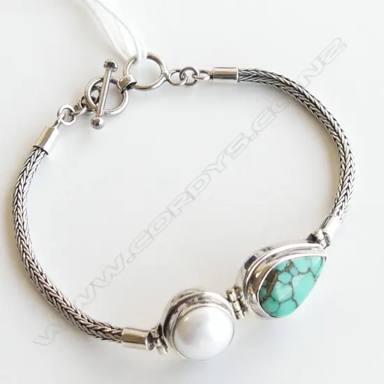 925 SILVER BRACELET WITH TURQUOISE & PEARL  