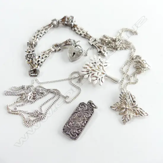 STG SILVER; HALLMARKED LOCKET BRACELET, 2 PENDANTS & CHAINS (TREE & BUTTERFLY) + HALLMARKED INGOT PENDANT 15.91GMS