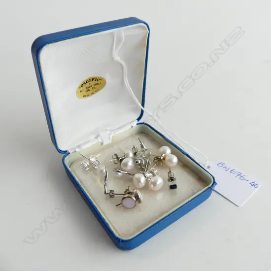 8 PR ASST STG SILVER STUD EARRINGS INCL PEARL, MOONSTONE ETC.