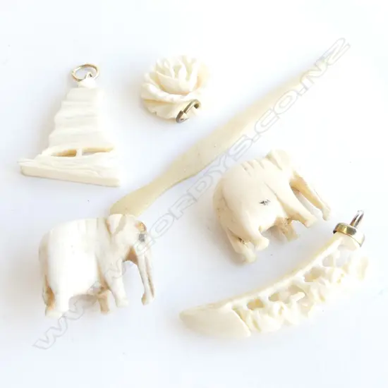 6 SM CARVED BONE PCS; ELEPHANTS, ROSE PENDANT,  ETC..