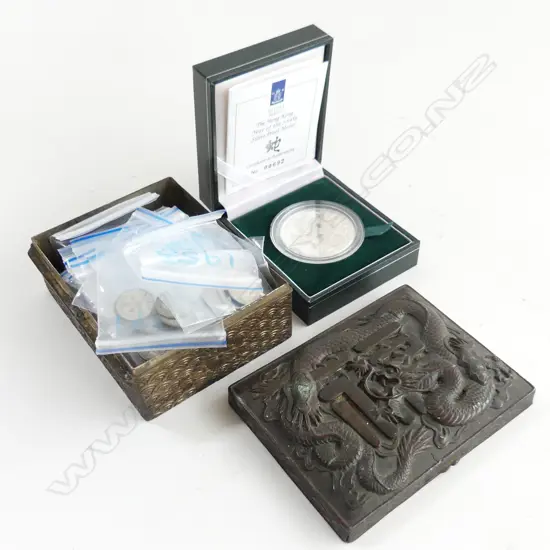 BOX OF NZ THREEPENCE, ROYAL MINT HK 2001 PROOF COIN