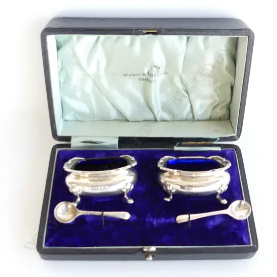 PR BOXED SILVER SALTS W SPOONS blue glass liners Birm.1928. 